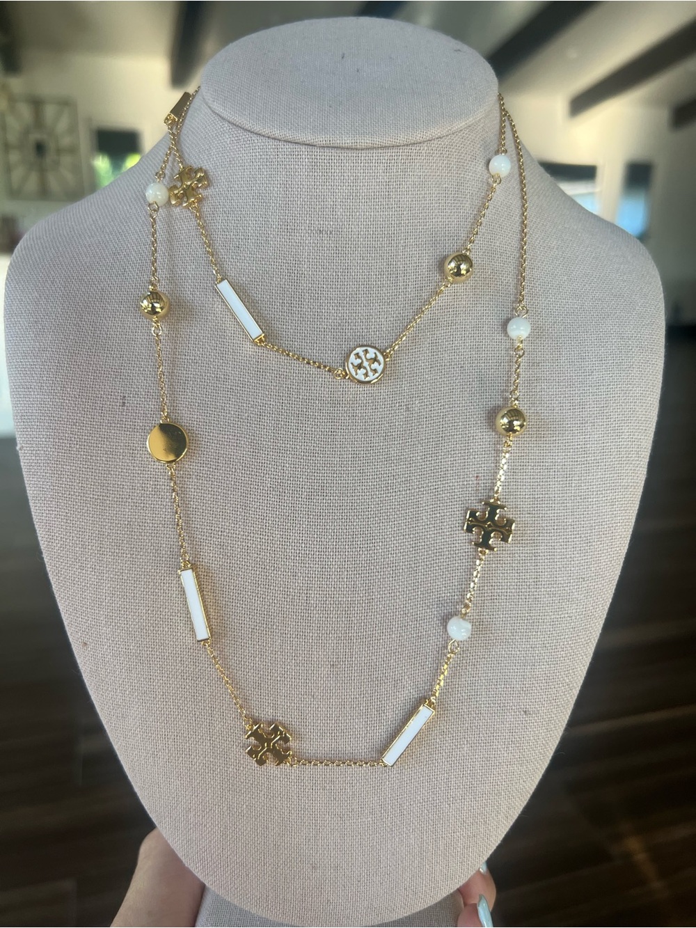 Tory Burch Gold and White Long Layered Pendant Necklace 36” long